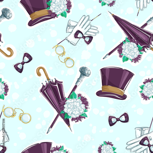 Seamless vector pattern with vintage gentlemen's elements. Hat cylinder, boutonniere, umbrella, cane, white gloves, pince-nez and bow-ties. Hand drawing.