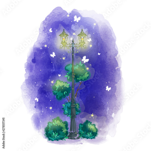 Vintage illuminated lantern on the background of a night park with fireflies and white butterflies. Vector watercolor landscape background.