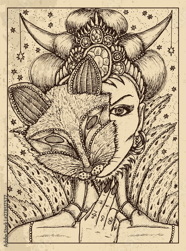 Fox. Mystic concept for Lenormand oracle tarot card.
