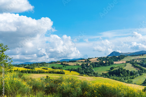 Countryside landscape  green hills and blue sky