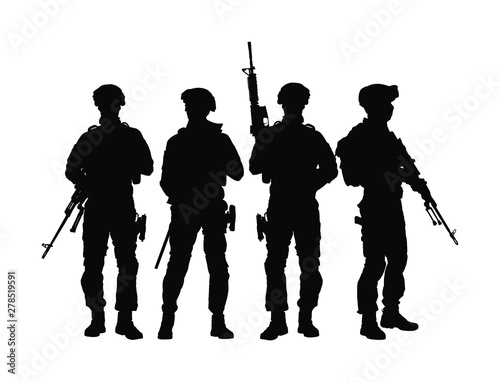 Army soldiers with sniper rifle on duty vector silhouette (Memorial day, Veteran's day, 4th of July, Independence day ) Soldier keeps the watch, on the guard. Rangers on border. Commandos team unit.