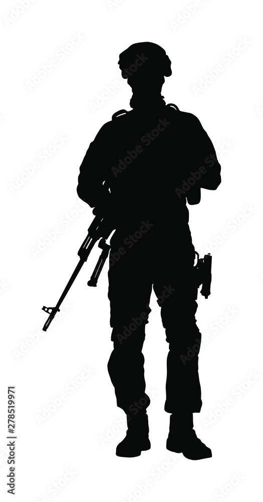 Army soldier with rifle on duty vector silhouette (Memorial Veterans day, 4th of July Independence day) Soldier keeps watch on guard. Rangers on border. Commandos team unit. Special force crew