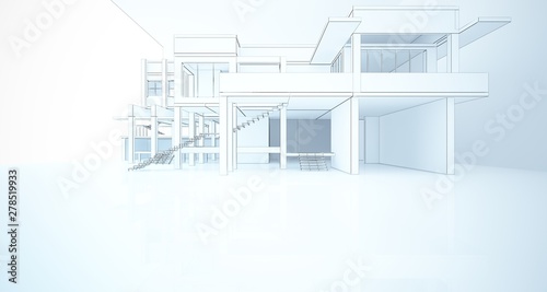 Abstract architectural white interior of a minimalist house with large windows. Drawing. 3D illustration and rendering.