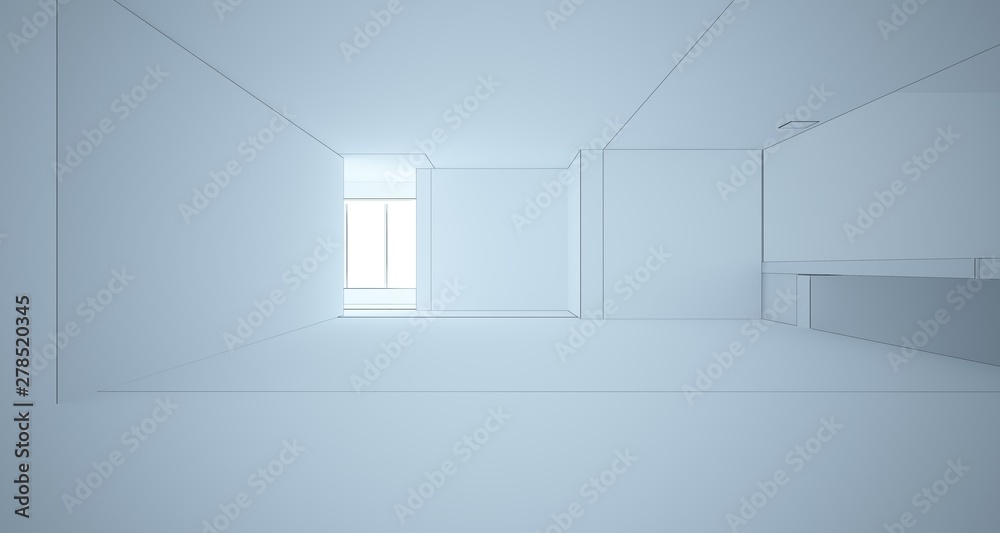 Abstract architectural white interior of a minimalist house with large windows. Drawing. 3D illustration and rendering. Abstract architectural white interior of a minimalist house with large windows. Drawing. 3D illustration and rendering.