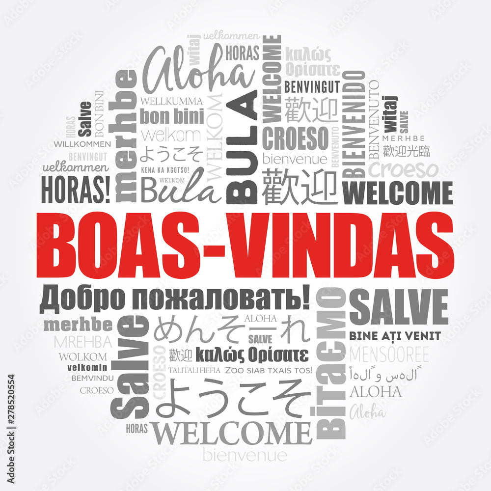 Boas-Vindas (Welcome in Brazilian Portuguese) word cloud in different languages Boas-Vindas (Welcome in Brazilian Portuguese) word cloud in different languages