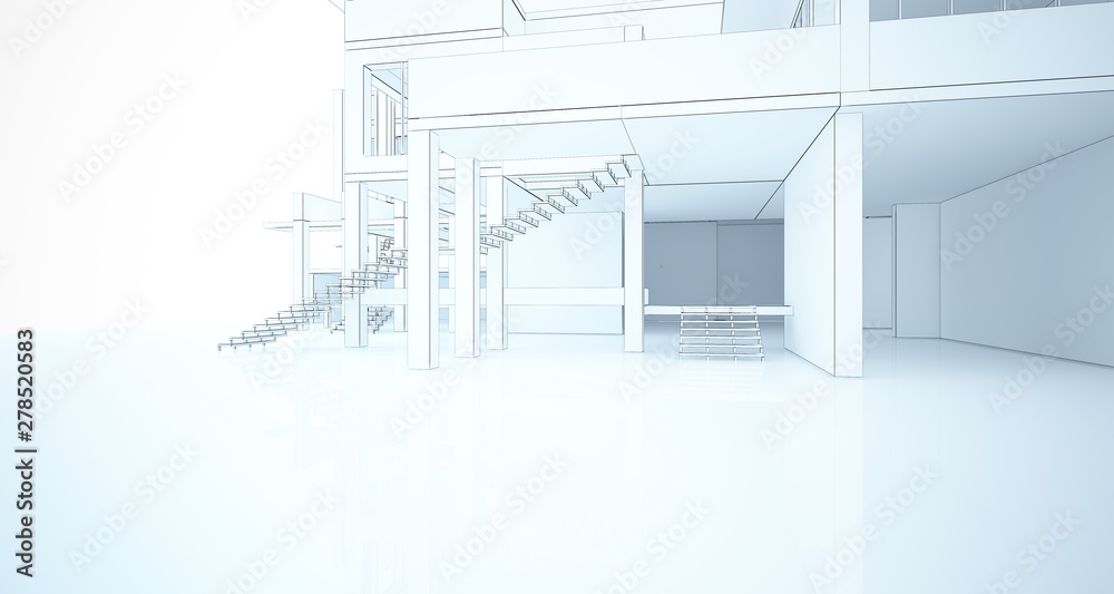 Abstract architectural white interior of a minimalist house with large windows. Drawing. 3D illustration and rendering. Abstract architectural white interior of a minimalist house with large windows. Drawing. 3D illustration and rendering.