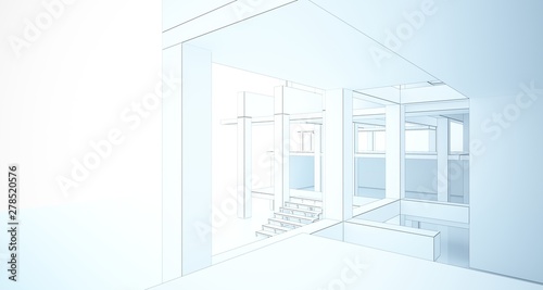 Abstract architectural white interior of a minimalist house with large windows. Drawing. 3D illustration and rendering.