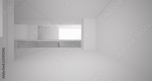 Abstract architectural white interior of a minimalist house with large windows. Drawing. 3D illustration and rendering.