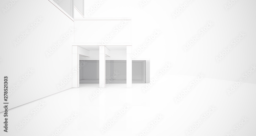 Abstract architectural white interior of a minimalist house with large windows. Drawing. 3D illustration and rendering. Abstract architectural white interior of a minimalist house with large windows. Drawing. 3D illustration and rendering.
