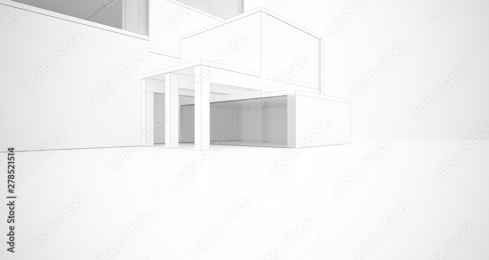 Abstract architectural white interior of a minimalist house with large windows. Drawing. 3D illustration and rendering. Abstract architectural white interior of a minimalist house with large windows. Drawing. 3D illustration and rendering.
