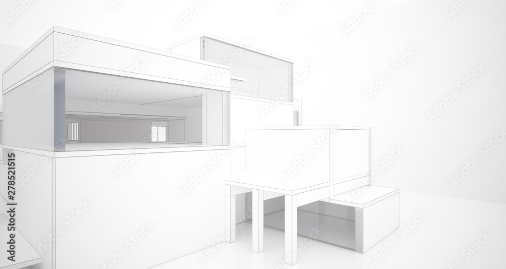 Abstract architectural white interior of a minimalist house with large windows. Drawing. 3D illustration and rendering. Abstract architectural white interior of a minimalist house with large windows. Drawing. 3D illustration and rendering.