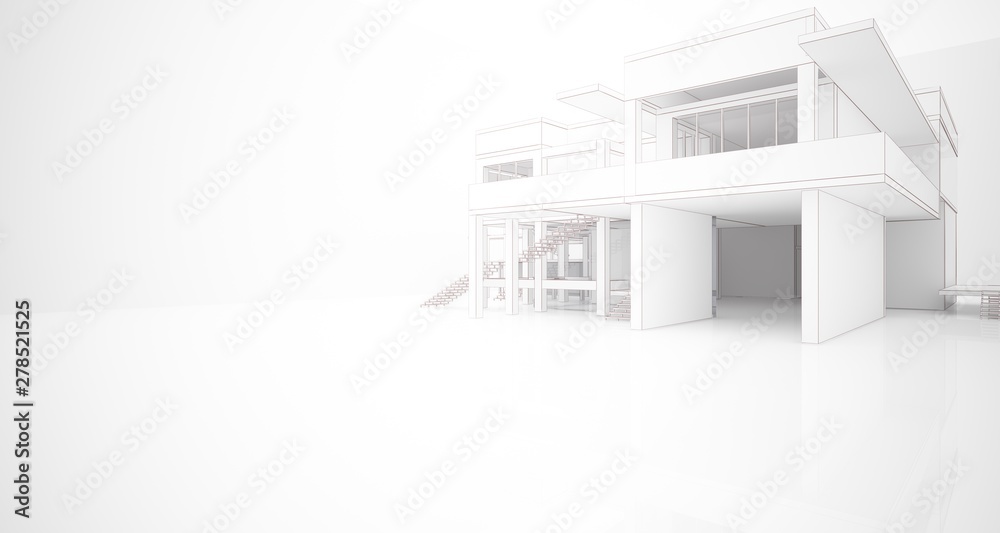 Abstract architectural white interior of a minimalist house with large windows. Drawing. 3D illustration and rendering.