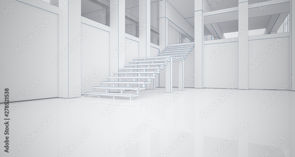 Obraz premium Abstract architectural white interior of a minimalist house with large windows. Drawing. 3D illustration and rendering.