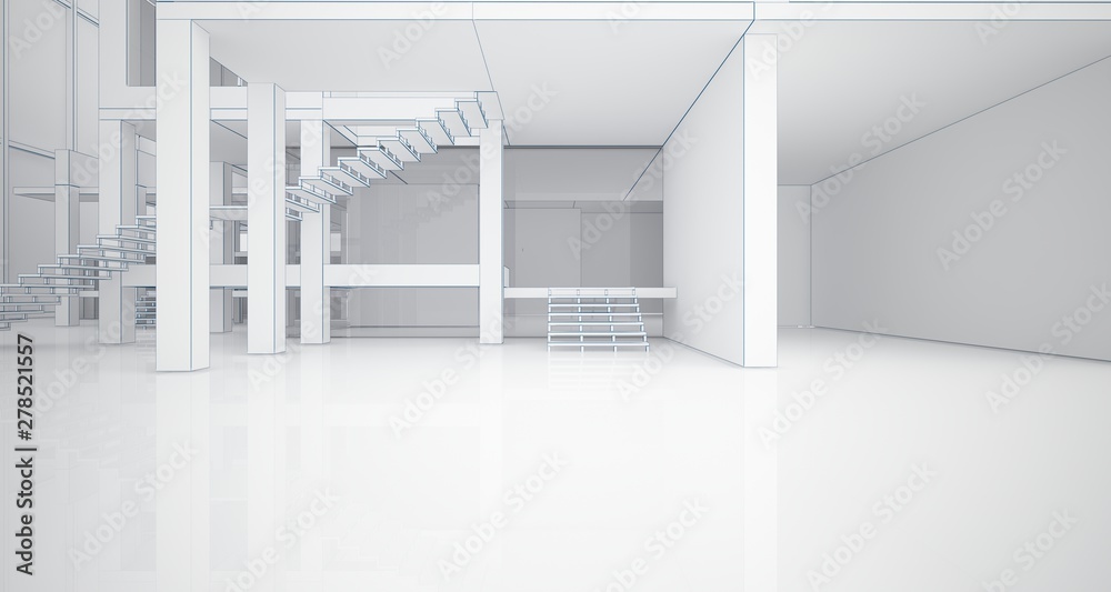 Abstract architectural white interior of a minimalist house with large windows. Drawing. 3D illustration and rendering. Abstract architectural white interior of a minimalist house with large windows. Drawing. 3D illustration and rendering.
