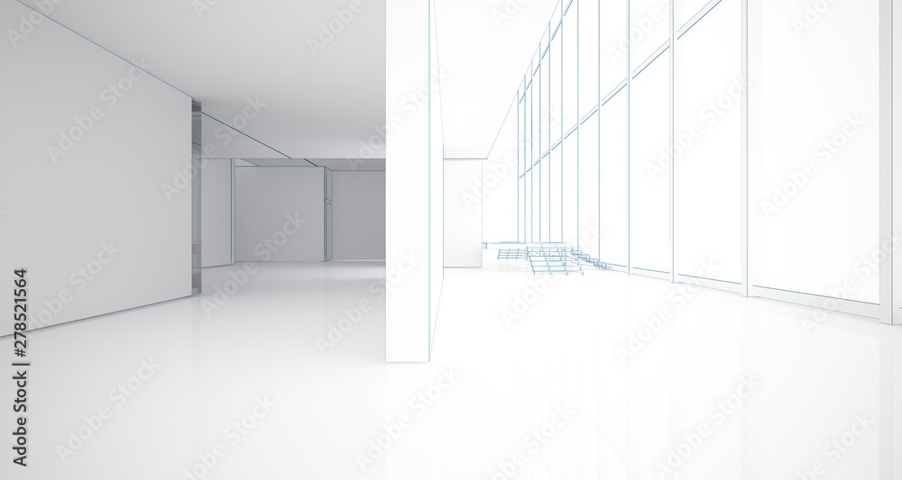 Abstract architectural white interior of a minimalist house with large windows. Drawing. 3D illustration and rendering. Abstract architectural white interior of a minimalist house with large windows. Drawing. 3D illustration and rendering.