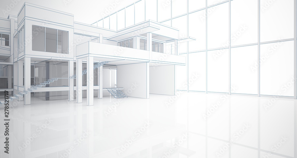 Abstract architectural white interior of a minimalist house with large windows. Drawing. 3D illustration and rendering.