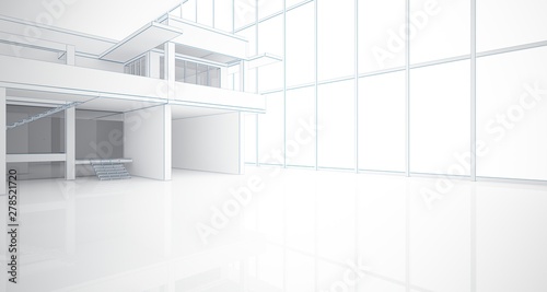 Abstract architectural white interior of a minimalist house with large windows. Drawing. 3D illustration and rendering.