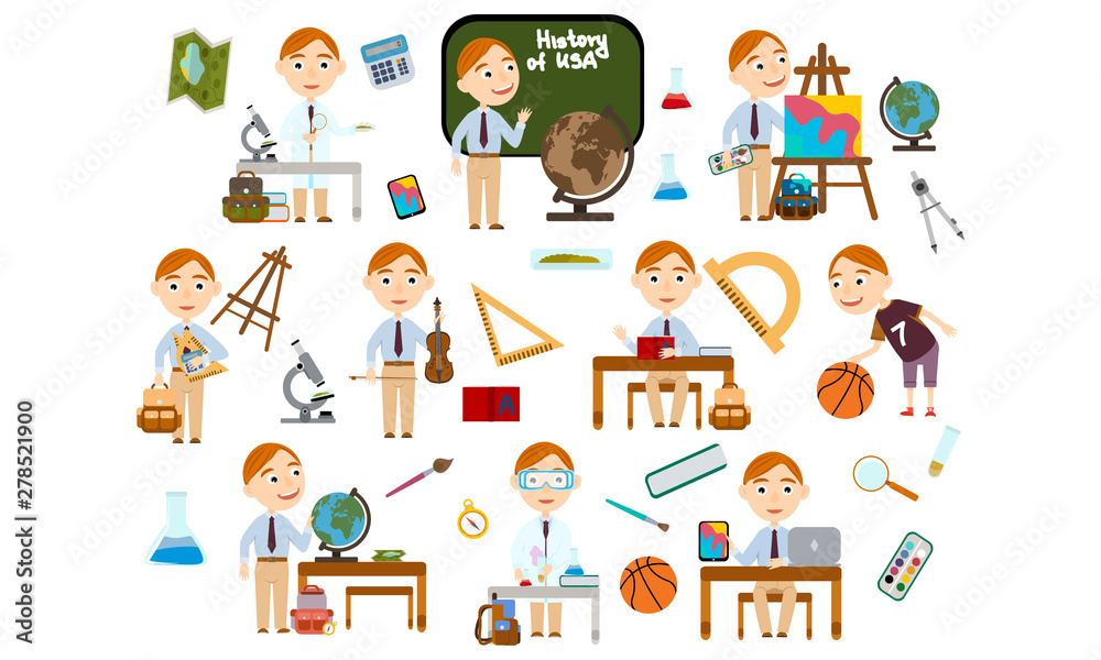 Set redhead boy. Student in different lessons: science, history, sports, art, maths, English, information technology, music. Conducting experiments. Cute Vector Illustration