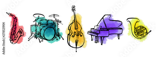 Hand drawn music instruments. Orcestra. Horizontal banner or cover for social media. Ink style vector illustration with watercolor stains on white background.