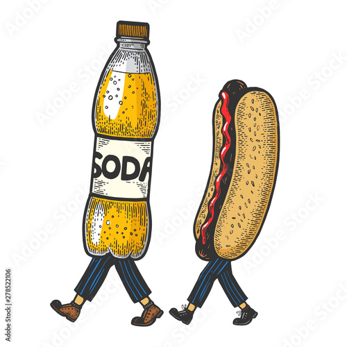 Hot dog sandwich and soda drink bottle walks on its feet color sketch engraving vector illustration. Scratch board style imitation. Black and white hand drawn image.