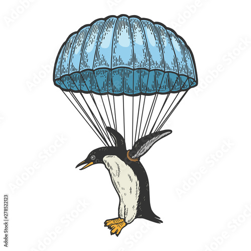Penguin bird fly with parachute as paratrooper color sketch engraving vector illustration. Scratch board style imitation. Hand drawn image.