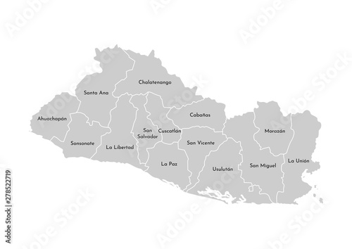 Vector isolated illustration of simplified administrative map of El Salvador. Borders and names of the departments (regions). Grey silhouettes. White outline photo