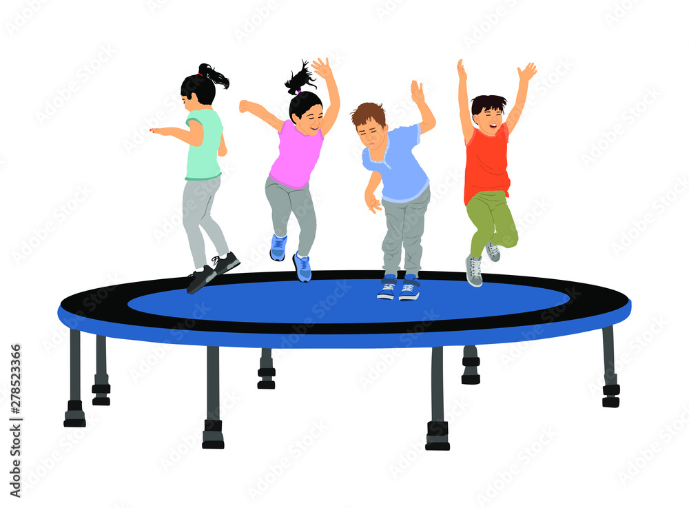 Children jumping on garden trampoline vector illustrations isolated on white. Joyful kids enjoying and smiling. Boys and girls play outdoor. Summertime entertainment. Happy birthday celebration.