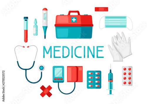 First aid kit equipment background.