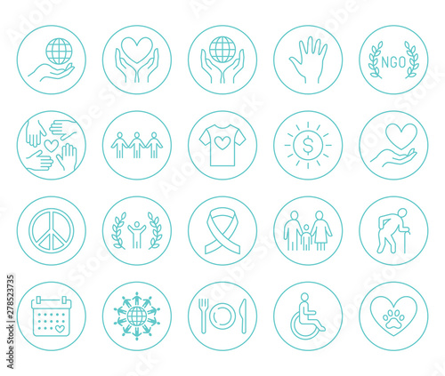 Charity flat line icons set. Donation, nonprofit organization, NGO, giving help vector illustrations. Outline signs in circle for donating money, volunteer community
