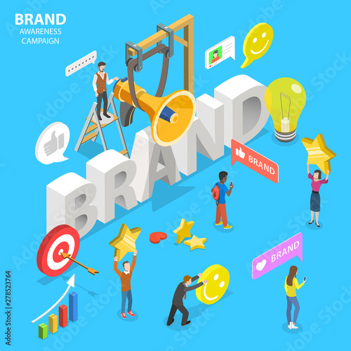Isometric flat vector concept of brand awareness campaign, online branding and marketing, company digital promotion.
