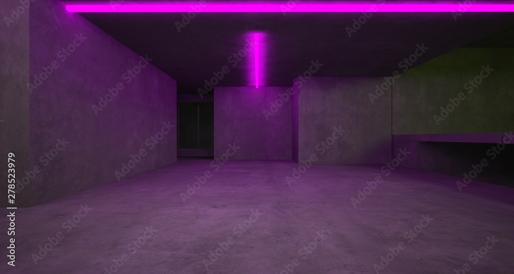 Abstract architectural concrete interior of a minimalist house with color gradient neon lighting. 3D illustration and rendering. Abstract architectural concrete interior of a minimalist house with color gradient neon lighting. 3D illustration and rendering.