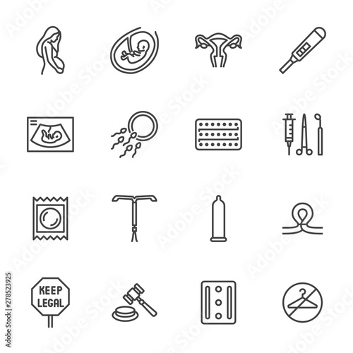 Obstetrics clinic flat line icons set. Abortion protest, baby ultrasound, embryo, fetus, pregnant woman, contraception vector illustrations. Outline medical signs. Pixel perfect 64x64 Editable Stroke