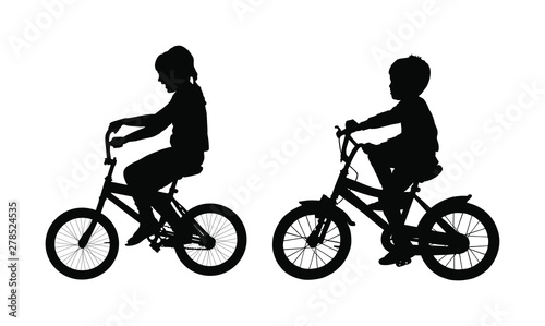 Little boy and girl riding bicycle vector silhouette illustration isolated on white background. Brother and sister enjoying in bike drive. Happy family kids active outdoor. Leisure time for children.