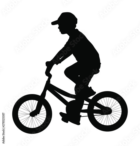 Little boy riding bicycle vector silhouette illustration isolated on white background. Kid enjoying in bike drive. Child active outdoor. Leisure time. Happy boy with favorite toy, gift for birthday.