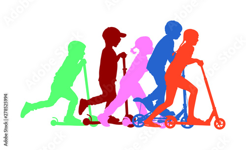 Group of children riding scooter vector silhouette. Kids on kick board enjoying together. Active outdoor fun and entertainment for boys and girls. Roller sport. Friends rent electric scooter on travel