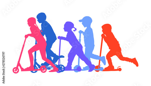 Group of children riding scooter vector silhouette. Kids on kick board enjoying together. Active outdoor fun and entertainment for boys and girls. Roller sport. Friends rent electric scooter on travel