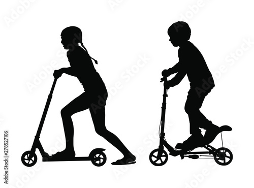 Sister and brother riding scooter vector silhouette. Kids on kick board enjoying together. Little girl and boy active outdoor fun entertainment. Children roller sport. Friends rent electric scooter.