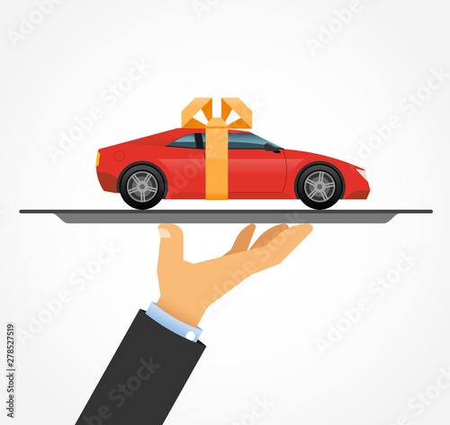Car on tray. Concept of sale, insurance, servise, rental for car