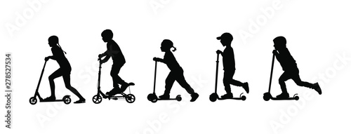 Group of children riding scooter vector silhouette. Kids on kick board enjoying together. Active outdoor fun and entertainment for boys and girls. Roller sport. Friends rent electric scooter on travel