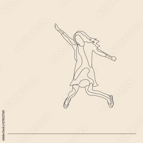 vector, isolated, sketch with lines, girl, woman jumping, rejoices