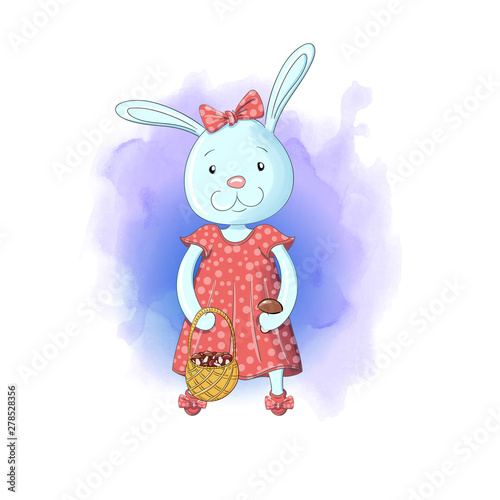 Bunny girl with a basket of mushrooms. Sweet baby girl shower card. © NatliyaDesigner