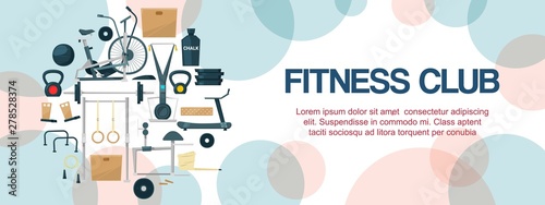 Fitness club or center banner vector illustration. Gym with crossfit, weights equipment and bike. Various fitness machines for body workout and exercises. Active and healthy lifestyle.