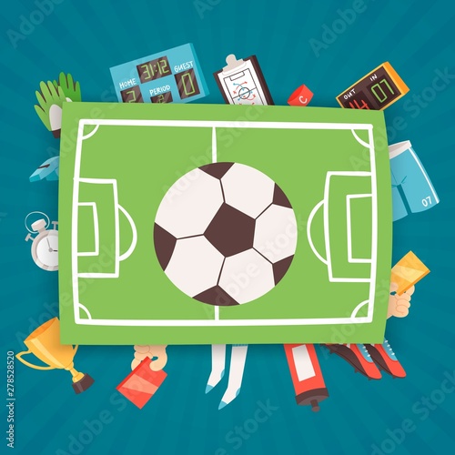 Football equipment and supplies banner vector illustration. Soccer set of icons with field, ball, trophy, scoreboard and whistle. Pieces of clothing gloves, uniform and boots.
