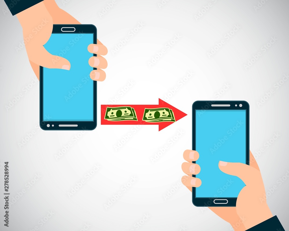 Handphone payment banner vector illustration. People sending and receiving money wireless with their mobile phones. Hand tholding smart phone. Quick money transfer. Business purchasing.