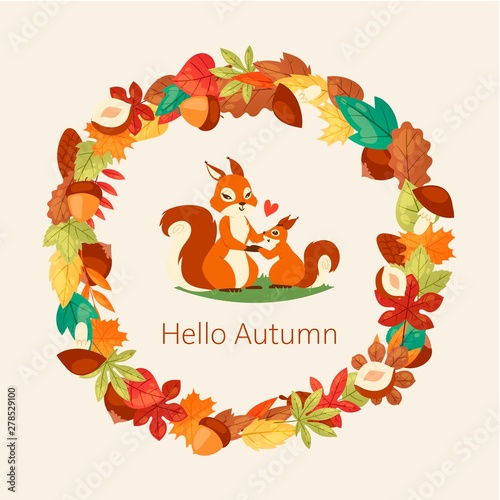 Squirrels surrounded with autumn leaves, branches, acorns, nuts and mushrooms banner vector illustration. Hello autumn. Maple, chestnut and oak foliage. Mother with child characters.