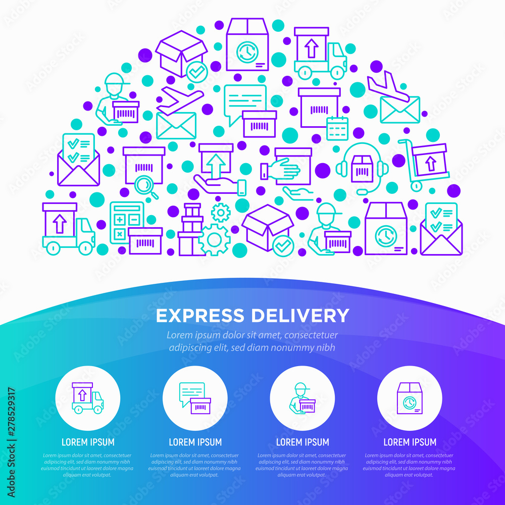 Express delivery concept in half circle with thin line icons: parcel, truck, out for delivery, searchong of shipment, courier, sorting center, dispatchvector illustration. Express delivery concept in half circle with thin line icons: parcel, truck, out for delivery, searchong of shipment, courier, sorting center, dispatchvector illustration.