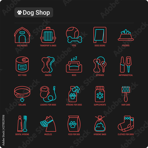 Dog shop thin line icons set: bags for transportation, feeders, toys, doors, dental hygiene, muzzle, snacks, hygienic bags, dry food, wet food, collar, supplements. Vector illustration for black theme
