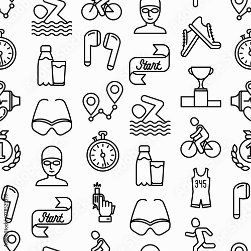 Triathlon seamless pattern with thin line icons: runner, swimmer, cycling race, stopwatch, starting, gun, sport glasses, start, victory, success. Modern vector illustration.