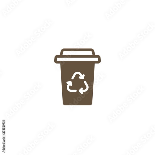 brown take-out coffee with cap and reuse sign. disposable cardboard cup of coffee.