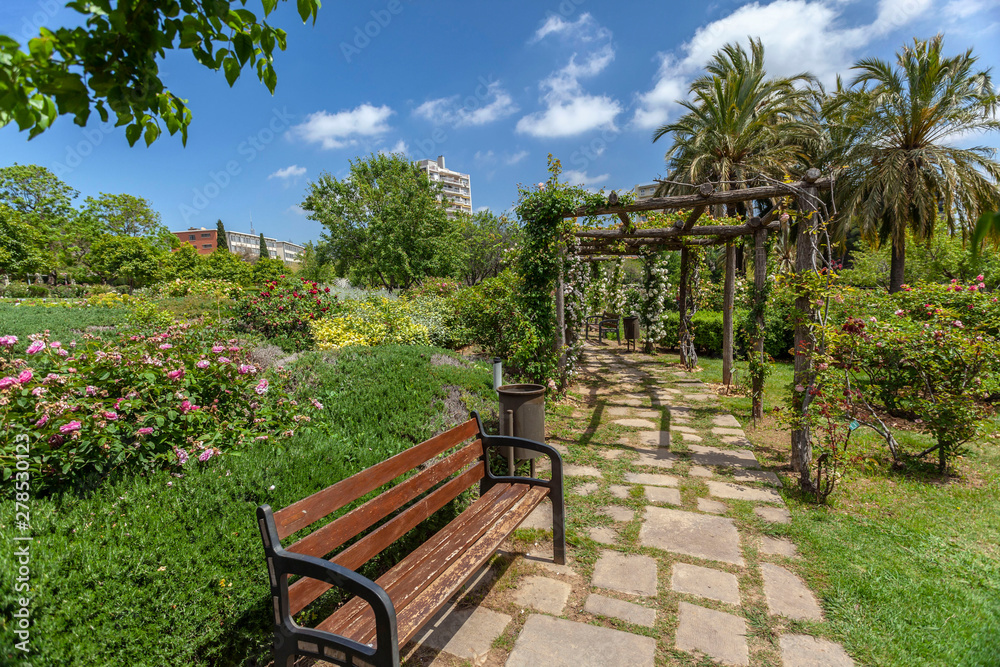 Public park, spring day, Rose Garden, Parc Cervantes in Les Corts quarter of Barcelona, Catalonia, Spain. Public park, spring day, Rose Garden, Parc Cervantes in Les Corts quarter of Barcelona, Catalonia, Spain.
